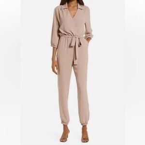 Fraiche by J Tie Waist Long Sleeve Jumpsuit in Beige/Khaki (light pink)
